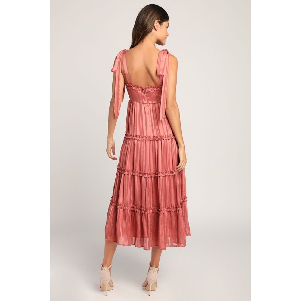 Lulus Rose Pink Metallic Striped Tiered Tie-Strap Midi Maxi Dress Size Medium ZQ - Picture 4 of 11